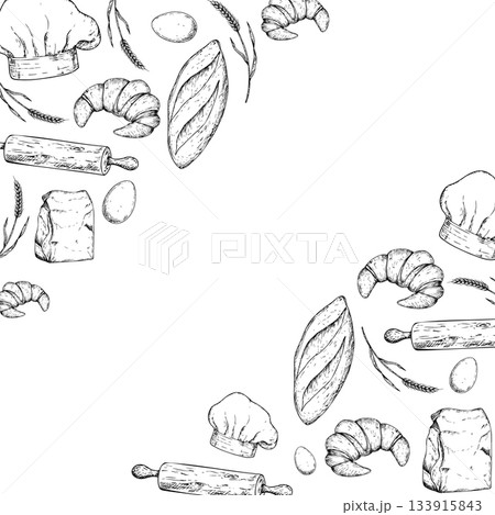 Vector frame, template with bakery. Graphic ink, loaf food, ear of wheat, Chef hat, whole grain, slice of bread, ciabatta, baguette. Bun illustration isolated on background. Hand drawn line sketch 133915843