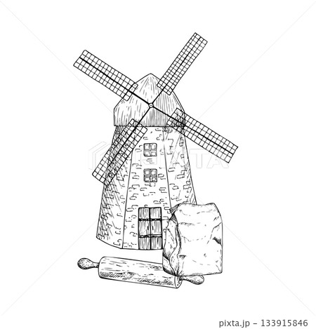 Vector Windmill with craft paper bag for food or delivery with wooden rolling pin and wheat. Graphic ink lunch bag illustration isolated on background. Hand drawn line sketch. For designers, prints Vector Windmill with craft paper bag for food or delivery with wooden rolling pin and wheat. Graphic ink lunch bag illustration isolated on background. Hand drawn line sketch. For designers, prints 133915846