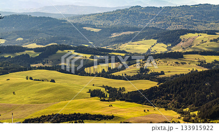 Breathtaking Rolling Hills and Green Fields Across a Sunlit Countryside Landscape Panorama Breathtaking Rolling Hills and Green Fields Across a Sunlit Countryside Landscape Panorama 133915922