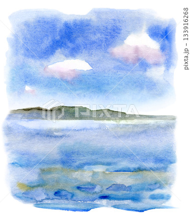 Watercolor landscape with calm blue lake, distant green hills and soft clouds in the sky. Peaceful Nordic scenery inspired by Finnish nature. Gentle hand-painted illustration for prints and design 133916268