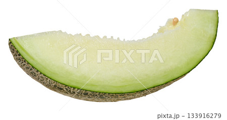A slice of fresh green melon on an isolated background. Close-up, juicy and summery fruit. A slice of fresh green melon on an isolated background. Close-up, juicy and summery fruit. 133916279