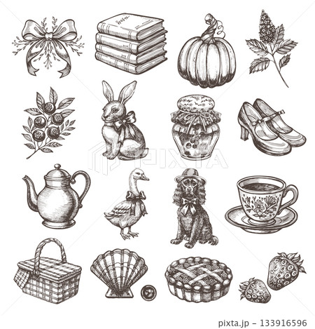 Vintage hand-drawn illustration set in engraving style: books, pumpkin, flowers, rabbit, jam jar, shoes, teapot, goose, dog, cup, picnic basket, seashell, berry pie and strawberries. Perfect for Vintage hand-drawn illustration set in engraving style: books, pumpkin, flowers, rabbit, jam jar, shoes, teapot, goose, dog, cup, picnic basket, seashell, berry pie and strawberries. Perfect for 133916596