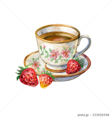 Watercolor teacup with floral painting and fresh strawberries. Bright, sweet and cozy illustration ideal for food art, packaging, kitchen d cor, caf branding, invitations, stickers, and textile 133916598