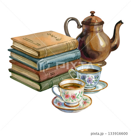 Watercolor still life with vintage books, floral teacups, and a copper teapot. Cozy nostalgic scene perfect for cottagecore, reading corners, tea time designs, stationery, invitations, branding and 133916600