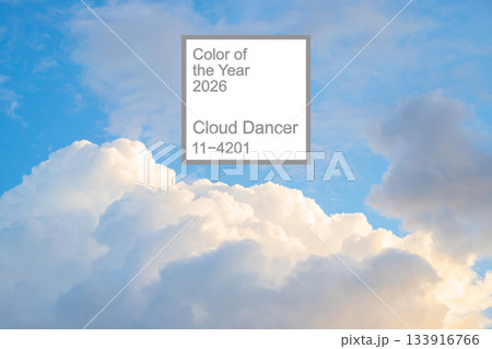 Demonstrating color of 2026 year. Cloud Dancer. White background with text color of the year 2026 133916766