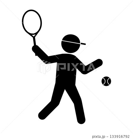 テニスをする人物のシルエットイラスト・ラケットを構えたスポーツピクトグラム素材 133916792