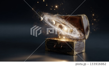 Golden Treasure Chest Opens To Reveal Cosmic Galaxy Inside With Stars, Planets, And Magical Glow 133916862