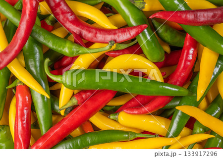 A group of hot chili peppers of different colors, top view A group of hot chili peppers of different colors, top view 133917296
