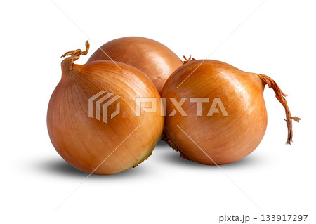 Three onions close-up on a white background isolate Three onions close-up on a white background isolate 133917297