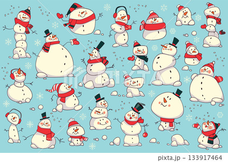 Seamless pattern with cute cartoon snowmen on a blue background Seamless pattern with cute cartoon snowmen on a blue background 133917464