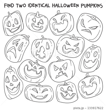 Fun Halloween puzzle for kids. Find two identical pumpkins 133917622