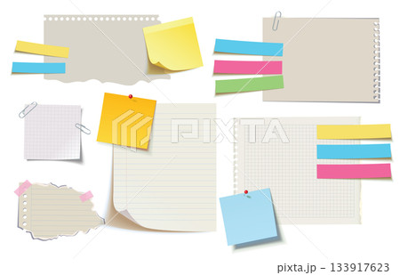 Set of various blank notes, sticky papers, torn sheets, grid pages 133917623
