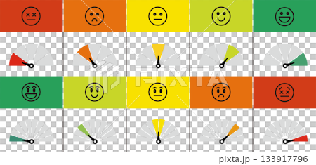 Customer satisfaction. Meter and face icon. Expressions according to levels, such as progress and evaluation. 133917796