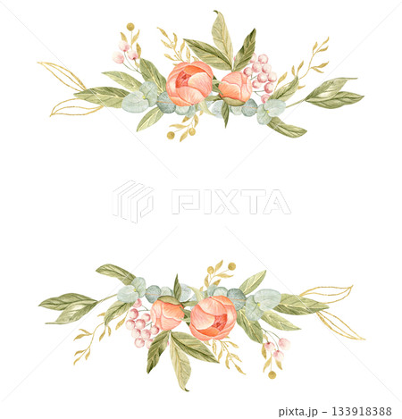 Peony flowers, green leaves, pink berries watercolor frame isolated on white. Hand-painted golden detail, perfect for wedding invitations, mothers day branding, packaging, fabric design, cards. Square Peony flowers, green leaves, pink berries watercolor frame isolated on white. Hand-painted golden detail, perfect for wedding invitations, mothers day branding, packaging, fabric design, cards. Square 133918388