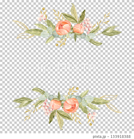 Peony flowers, green leaves, pink berries watercolor frame isolated on white. Hand-painted golden detail, perfect for wedding invitations, mothers day branding, packaging, fabric design, cards. Square Peony flowers, green leaves, pink berries watercolor frame isolated on white. Hand-painted golden detail, perfect for wedding invitations, mothers day branding, packaging, fabric design, cards. Square 133918388