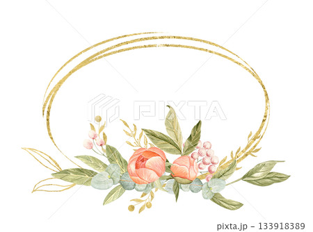 Peony flowers, peach tones, green leaves, pink berries watercolor frame isolated on white. Hand-painted golden detail, perfect for wedding invitations, branding, packaging, cards. Horizontal template Peony flowers, peach tones, green leaves, pink berries watercolor frame isolated on white. Hand-painted golden detail, perfect for wedding invitations, branding, packaging, cards. Horizontal template 133918389