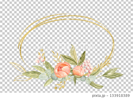 Peony flowers, peach tones, green leaves, pink berries watercolor frame isolated on white. Hand-painted golden detail, perfect for wedding invitations, branding, packaging, cards. Horizontal template Peony flowers, peach tones, green leaves, pink berries watercolor frame isolated on white. Hand-painted golden detail, perfect for wedding invitations, branding, packaging, cards. Horizontal template 133918389