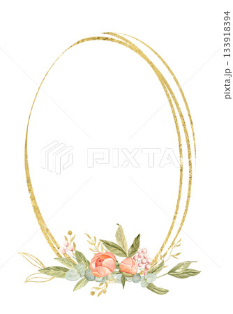 Peony flowers in peach tones, green leaves, pink berries watercolor frame isolated on white. Hand-painted with golden detail, perfect for wedding invitations, branding, packaging, fabric design, cards Peony flowers in peach tones, green leaves, pink berries watercolor frame isolated on white. Hand-painted with golden detail, perfect for wedding invitations, branding, packaging, fabric design, cards 133918394