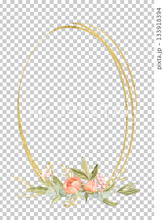 Peony flowers in peach tones, green leaves, pink berries watercolor frame isolated on white. Hand-painted with golden detail, perfect for wedding invitations, branding, packaging, fabric design, cards Peony flowers in peach tones, green leaves, pink berries watercolor frame isolated on white. Hand-painted with golden detail, perfect for wedding invitations, branding, packaging, fabric design, cards 133918394