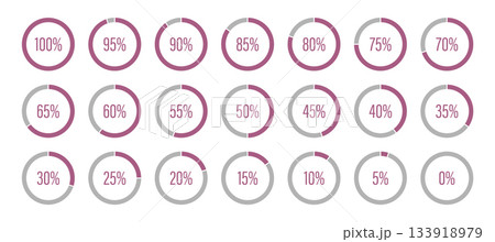 Template of pink and gray color fill pie charts indicators. Pink progress bars. Round graph loading progress set. Circle diagrams icons, infographics from 100 to 0 percent. Round percentage 133918979