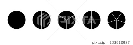 Circle division on 1, 2, 3, 4, 5 equal parts. Black wheel round divided diagrams from one to five segments. Set of black infographic minimalist icons. Coaching blank mockup. Pie, pizza black chart Circle division on 1, 2, 3, 4, 5 equal parts. Black wheel round divided diagrams from one to five segments. Set of black infographic minimalist icons. Coaching blank mockup. Pie, pizza black chart 133918987