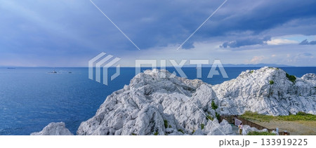 幻想的な空をバックに見る白崎海洋公園のパノラマ情景 133919225