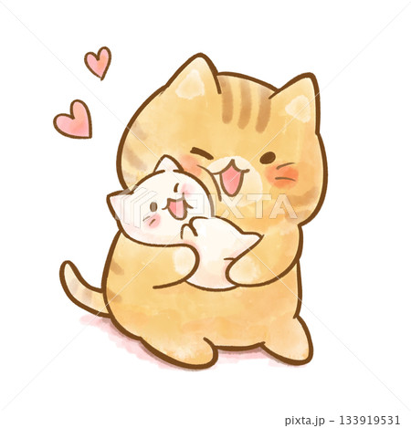 ハグと頬ずりをしている猫の親子の水彩イラスト ハグと頬ずりをしている猫の親子の水彩イラスト 133919531