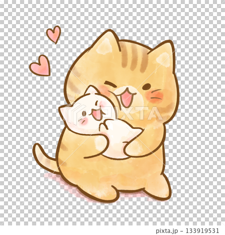 Watercolor illustration of a cat parent and child hugging and rubbing cheeks Watercolor illustration of a cat parent and child hugging and rubbing cheeks 133919531