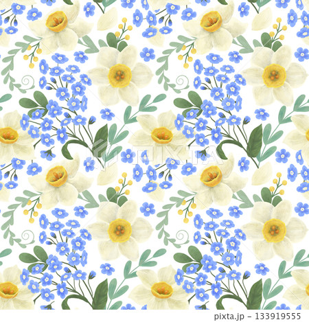 Seamless pattern with flowers of blue forget-me-nots, white daffodils, green twigs colors with watercolors in flat style and pastel colors. Element for the design of textiles, packaging, wallpaper 133919555