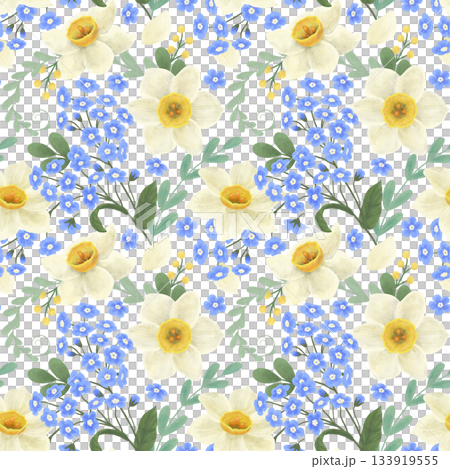 Seamless pattern with flowers of blue forget-me-nots, white daffodils, green twigs colors with watercolors in flat style and pastel colors. Element for the design of textiles, packaging, wallpaper 133919555