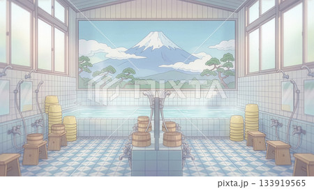 富士山の壁画があるレトロな銭湯の浴場を描いた無人アニメ背景 133919565