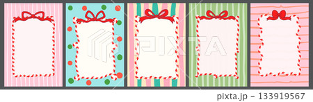 Wavy Candy Cane Frames on Backgrounds with Dotted and Striped Patterns, Cute Christmas or Birthday Borders for Package Designs and Menus 133919567