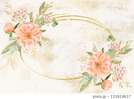 Elegant peach peonies, delicate greenery, subtle gold accents watercolor floral frame on textured beige. Hand-painted perfect for wedding invitations, branding, packaging, fabric design, cards. Square Elegant peach peonies, delicate greenery, subtle gold accents watercolor floral frame on textured beige. Hand-painted perfect for wedding invitations, branding, packaging, fabric design, cards. Square 133919617