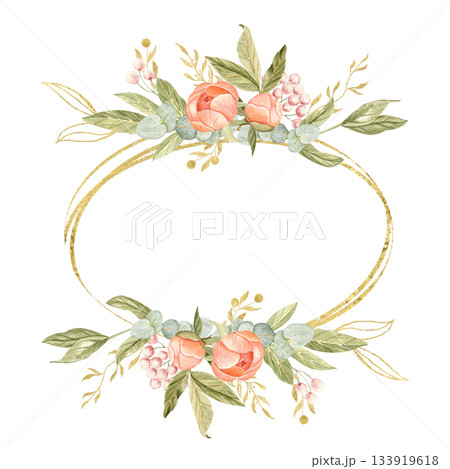Watercolor oval floral frame with soft peach peonies, eucalyptus, berries, and gold accents, isolated on white. Ideal for wedding invitations, branding, stationery, elegant decorative design projects Watercolor oval floral frame with soft peach peonies, eucalyptus, berries, and gold accents, isolated on white. Ideal for wedding invitations, branding, stationery, elegant decorative design projects 133919618