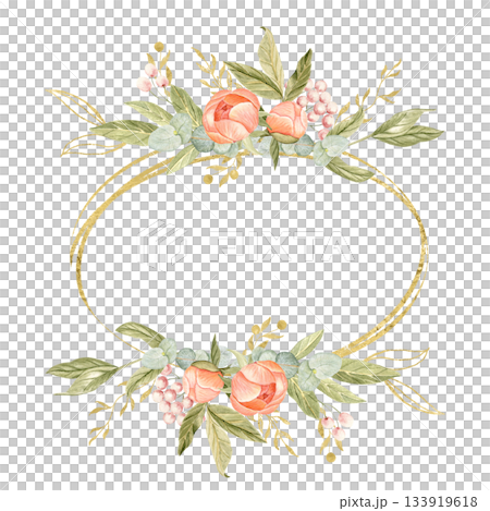 Watercolor oval floral frame with soft peach peonies, eucalyptus, berries, and gold accents, isolated on white. Ideal for wedding invitations, branding, stationery, elegant decorative design projects Watercolor oval floral frame with soft peach peonies, eucalyptus, berries, and gold accents, isolated on white. Ideal for wedding invitations, branding, stationery, elegant decorative design projects 133919618