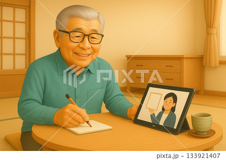 日本の居間でオンライン講座を受講する高齢者 133921407