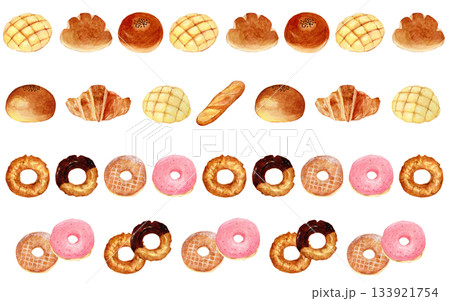 手描きパンとドーナツの装飾ラインセット（メロンパン・あんぱん・クロワッサン・バケット） 133921754