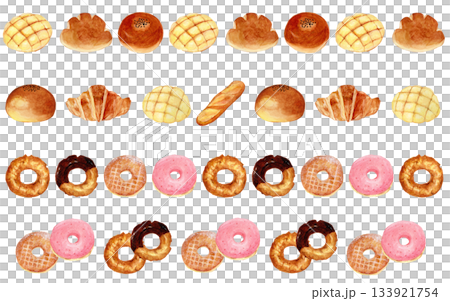 手描きパンとドーナツの装飾ラインセット（メロンパン・あんぱん・クロワッサン・バケット） 133921754