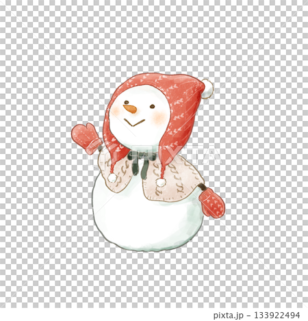一幅溫馨的繪本風格插圖,描繪了一個戴著紅色針織帽和披風的雪人。 一幅溫馨的繪本風格插圖,描繪了一個戴著紅色針織帽和披風的雪人。 133922494