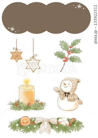 ほんわか色鉛筆風のクリスマスイラストセット（クッキー、ひいらぎ、キャンドル、雪だるま、飾り） 133922511