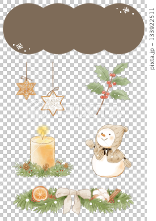 A warm and cozy colored pencil style Christmas illustration set (cookies, holly, candles, snowmen, decorations) 133922511