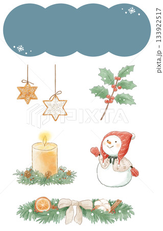 ほんわか色鉛筆風のクリスマスイラストセット(クッキー、ひいらぎ、キャンドル、雪だるま、飾り) ほんわか色鉛筆風のクリスマスイラストセット(クッキー、ひいらぎ、キャンドル、雪だるま、飾り) 133922517