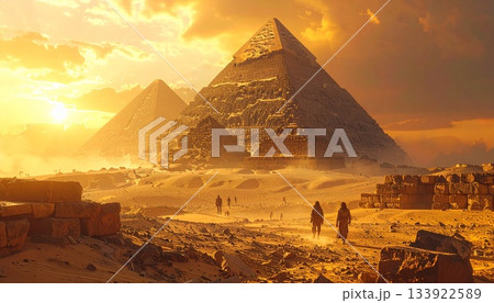 古代エジプトの砂漠で進むピラミッド建設風景 133922589