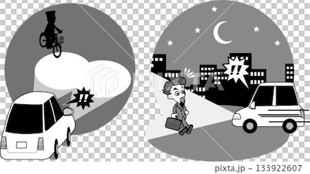交通安全＜夜のドライバーのヒヤリハット・前方不注意・モノクロ・一色・白黒＞ 133922607