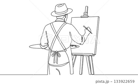 Artist drawing continuous line vector. Man painting on canvas minimal sketch vector 133922659