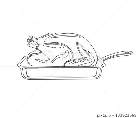 Roast chicken line vector. Baked turkey food tray minimal outline illustration 133922669