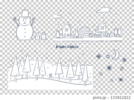 Snow world and winter nature/cityscape hand-drawn line drawing illustration set Snow world and winter nature/cityscape hand-drawn line drawing illustration set 133922822