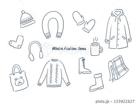 冬の小物とファッション・手描き線画イラストセット 133922827