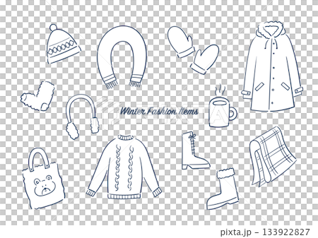 冬の小物とファッション・手描き線画イラストセット 133922827