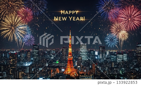 東京夜景と華やかな花火が彩る新年のHappy New Year!スマホ用年賀状 133922853